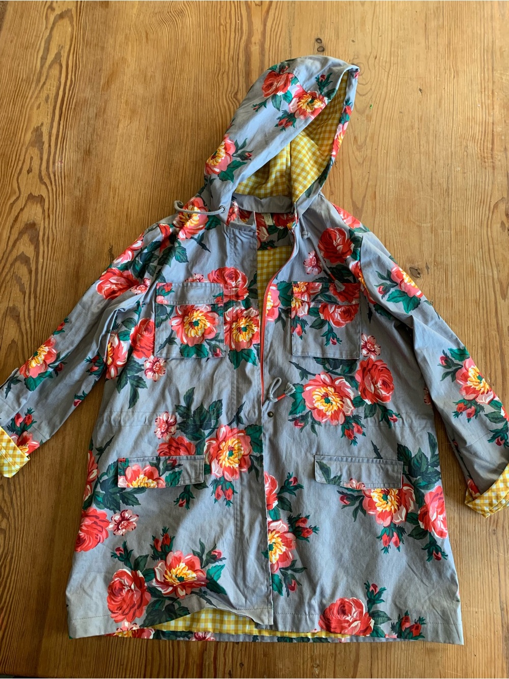 Womens Floral Hooded Raincoat - Gray with Red & Yellow Blooms